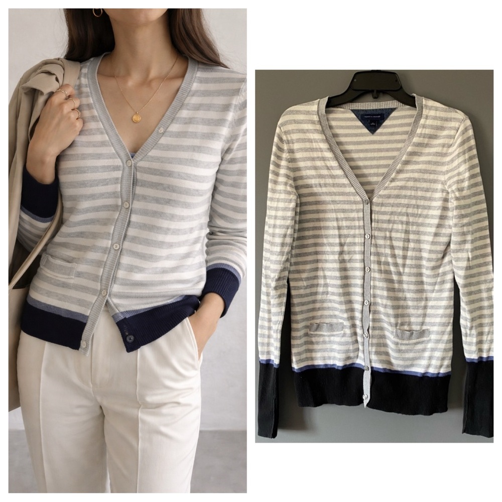 Coastal Preppy Tommy Hilfiger Striped Cotton V-Neck Button Cardigan M